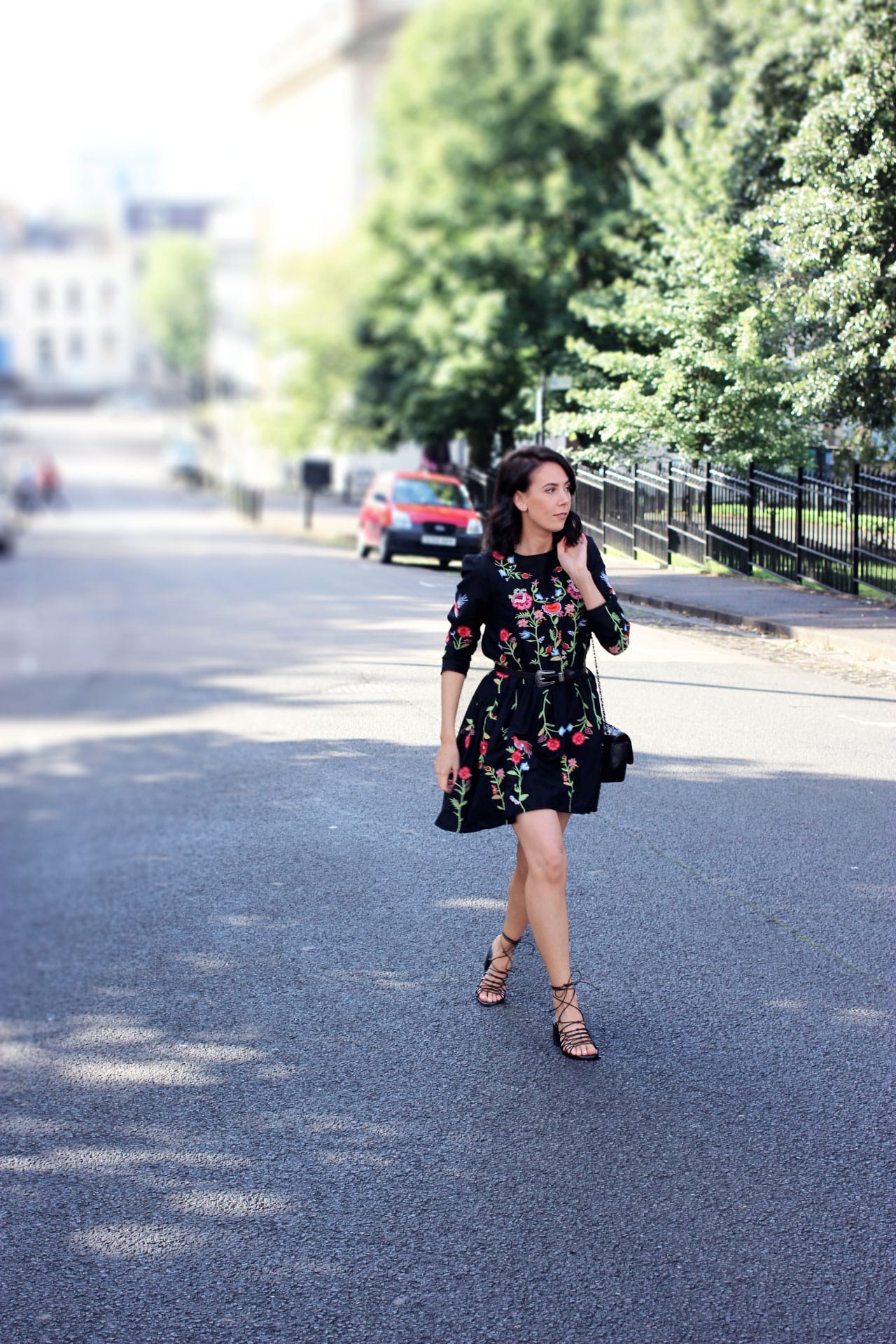 Black floral swing dress sale