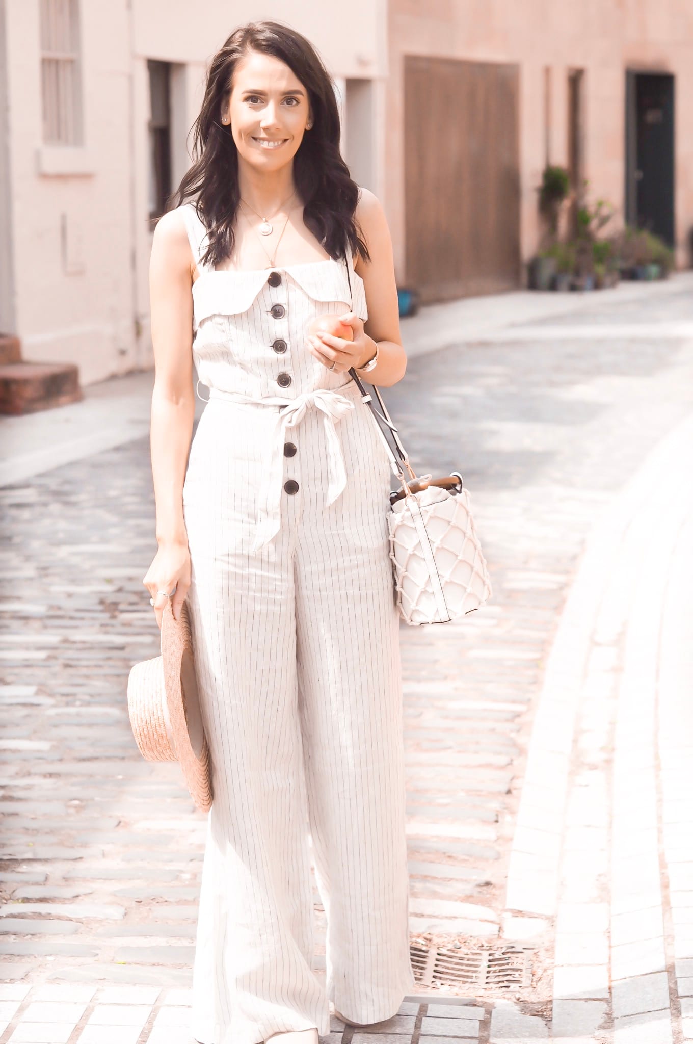 summer style | linen jumpsuit | mango striped linen jumpsuit | staud bucket bag dupe