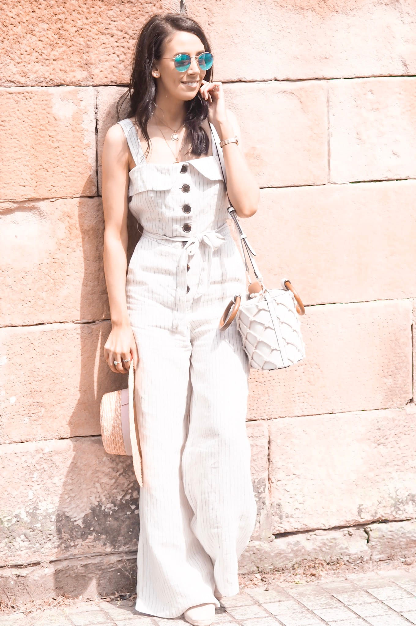 summer style | linen jumpsuit | mango striped linen jumpsuit | staud bucket bag dupe