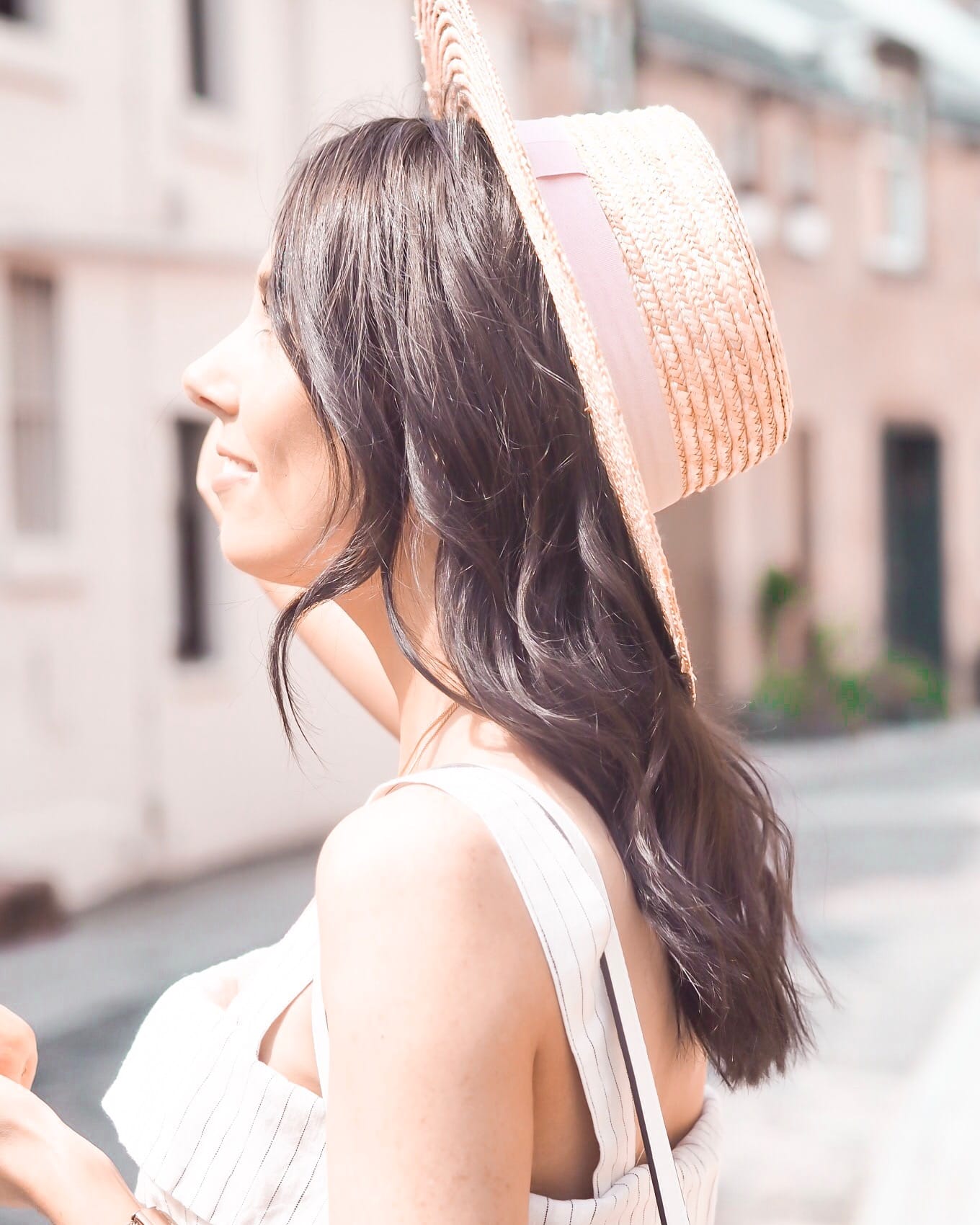 linen jumpsuit | straw boater hat