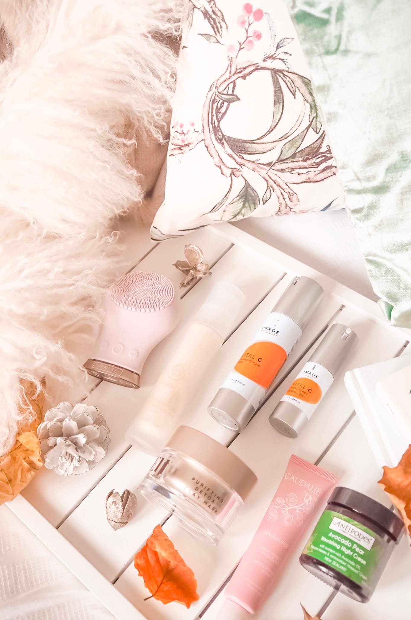 Autumn Skincare 2018 | Image Vital C | best autumn skincare | emma hardie pink clay mask | Antipodes Avocado Pear night cream | Sensse Silicone Facial Cleansing Brush | Caudalie Vino source moisturiser | Samaya exfoliator