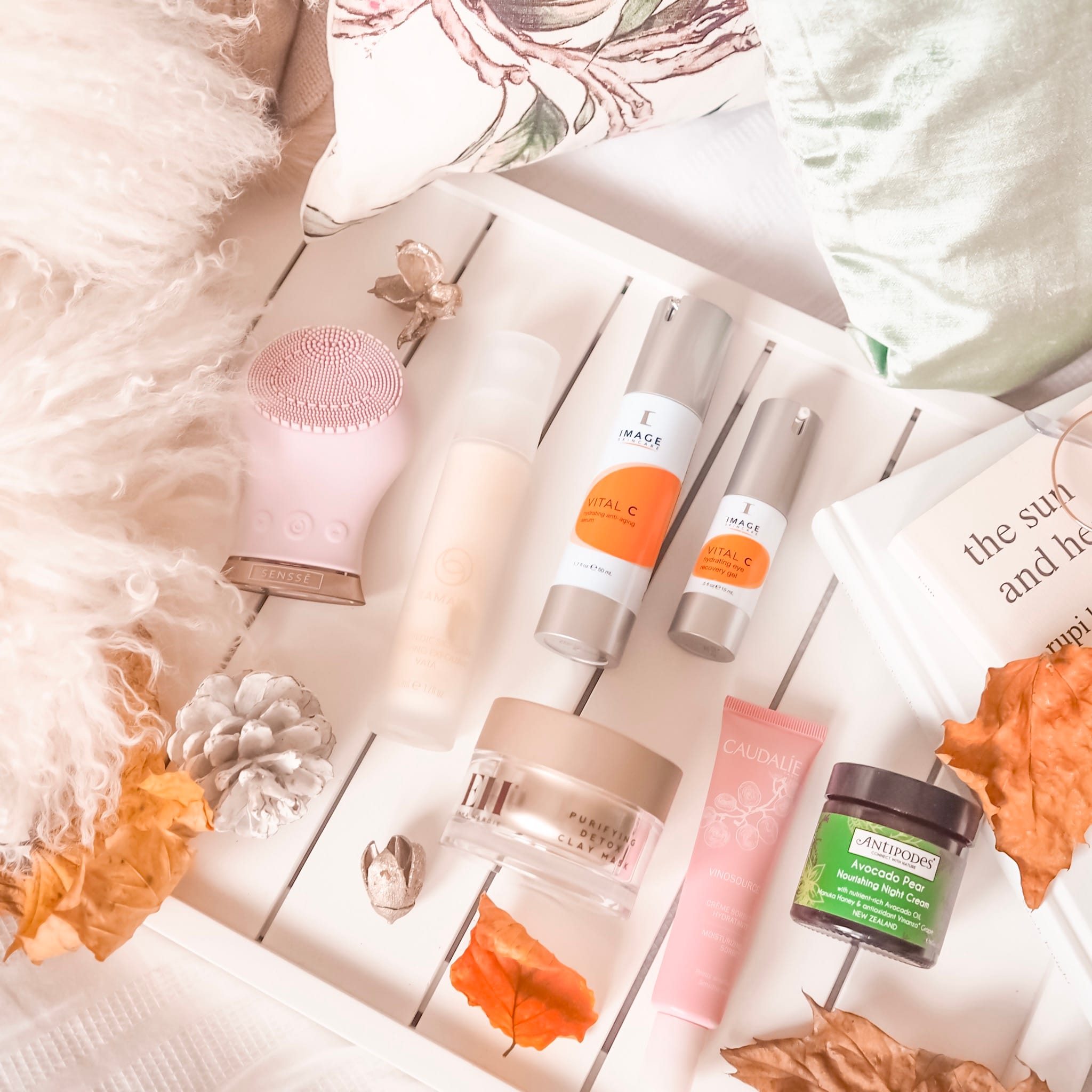 Autumn Skincare 2018 | Image Vital C | best autumn skincare | emma hardie pink clay mask | Antipodes Avocado Pear night cream | Sensse Silicone Facial Cleansing Brush | Caudalie Vino source moisturiser | Samaya exfoliator