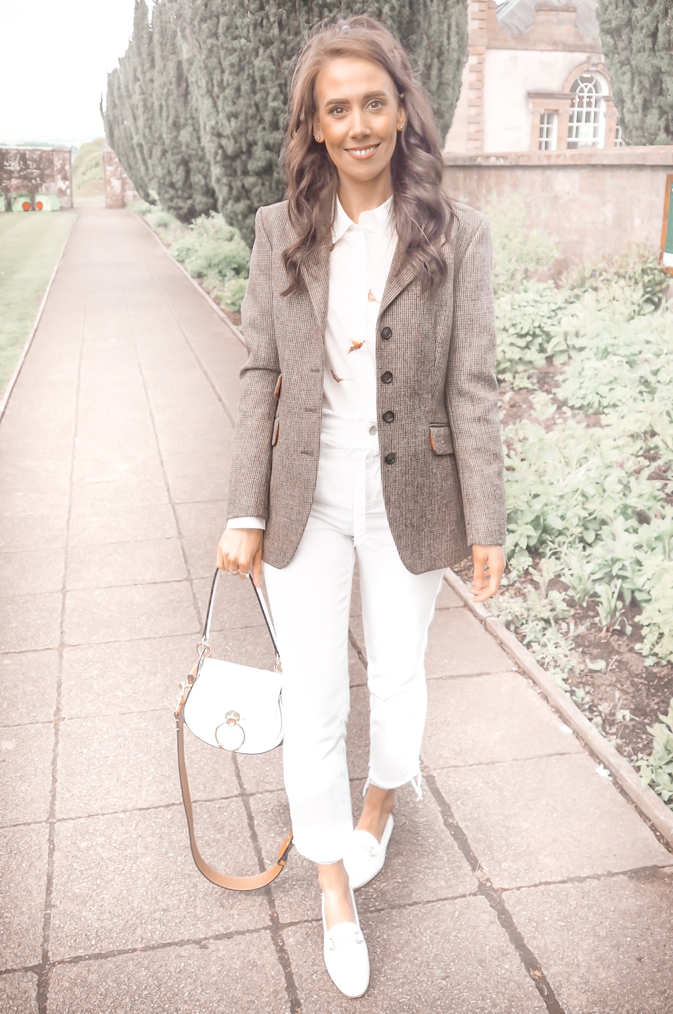 all white summer look | summer style | all white outfit ideas | ladies tweed blazer | country style | white chloe tess bag